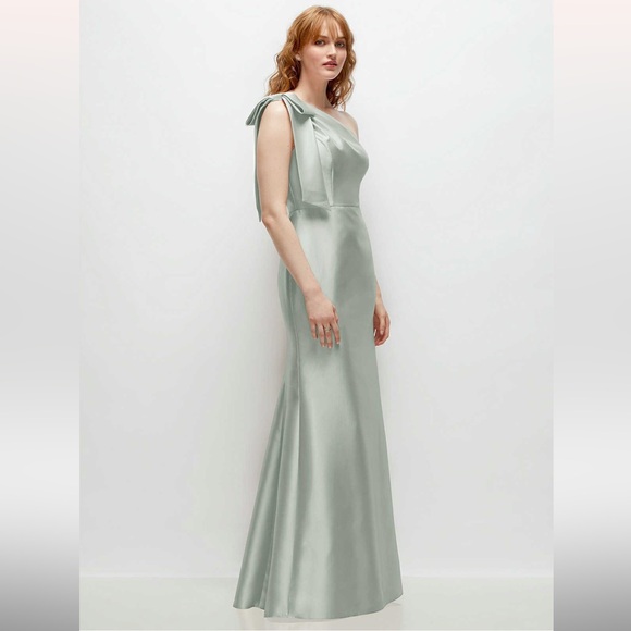 Dessy Group Alfred Sung Bow One-Shoulder Satin Trumpet Bridesmaid Dress - Picture 2 of 2